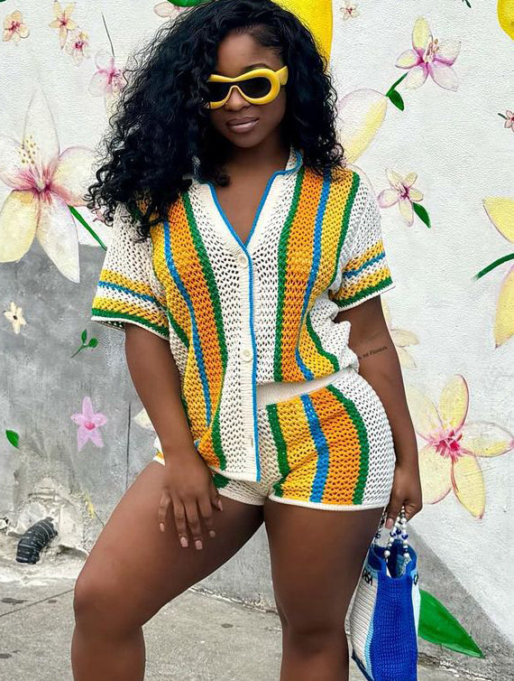 Women's Sexy Hollow See-Through Turndown Collar Knitting Two Piece Shorts Set