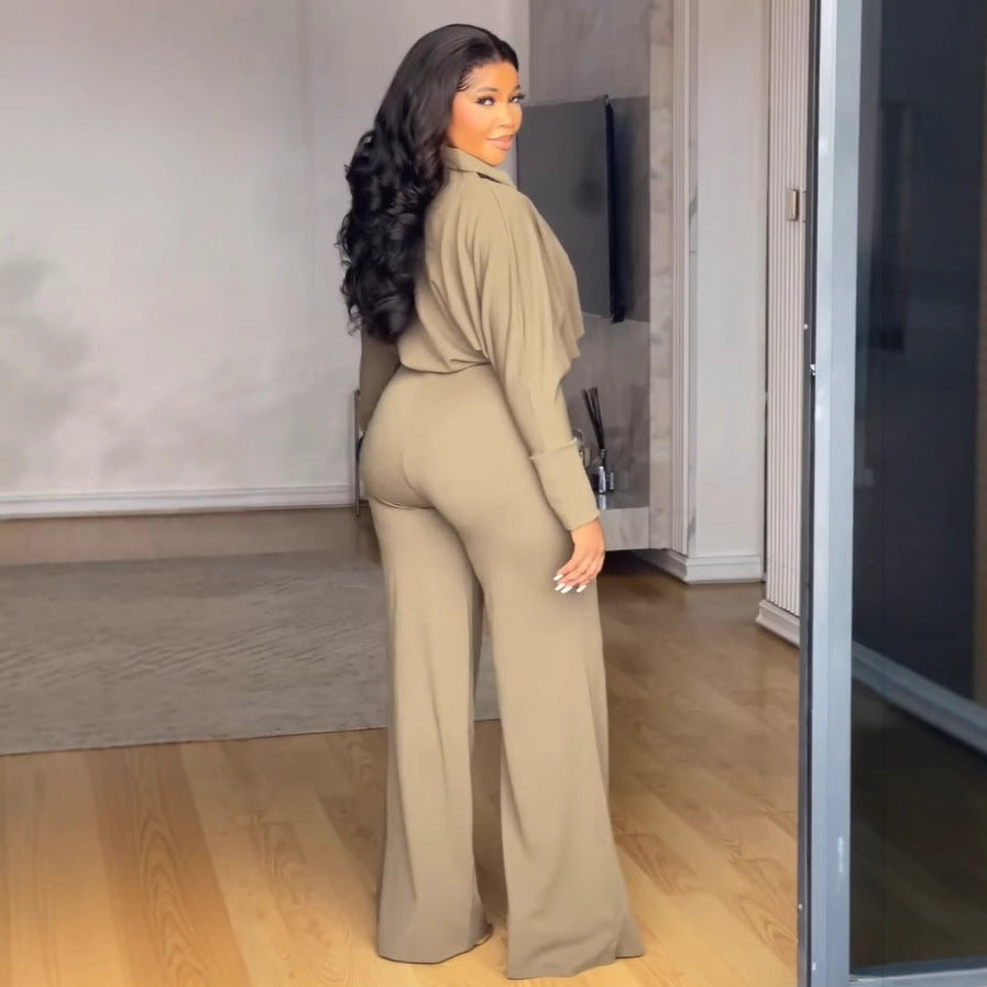 Women Elegant Career Casual V-Type Turndown Collar Long Sleeve Top and Pant Two Piece 3