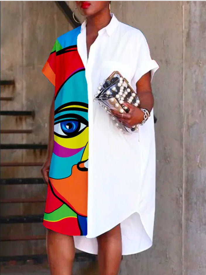 Summer Short Sleeve Solid Color Printed Abstract Shirt Dress 7