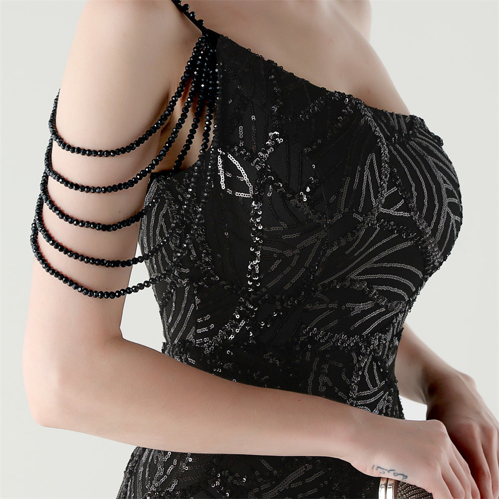 Women One Shoulder Beaded Sequin Embroidery Formal Party Prom Wedding Evening Dress 54