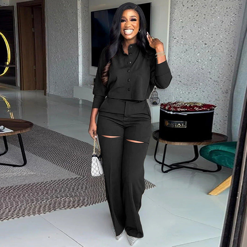 Women Autumn Solid Turndown Collar long-sleeved shirt and wide-leg Pant Casual two-piece set 8