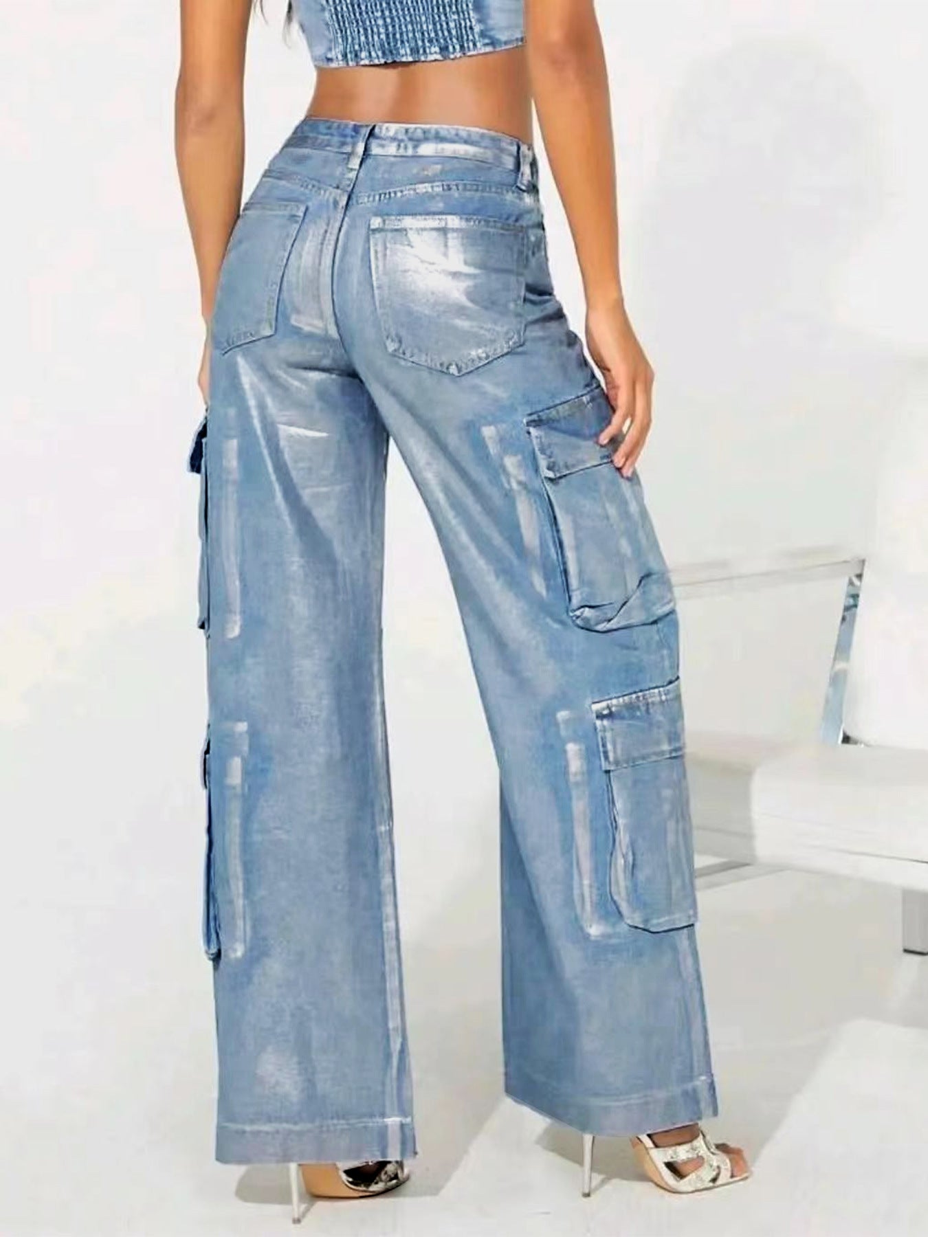 Women Hot Silver Stretch Denim Cargo Pant 3