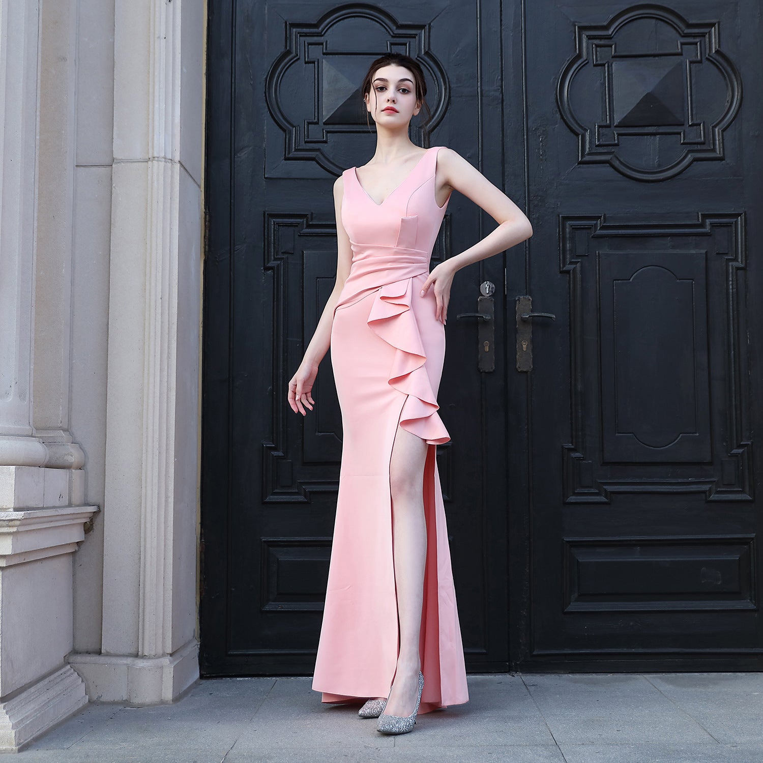 Sleeveless Solid Color Fishtail Evening Dress Formal Party Gown 19