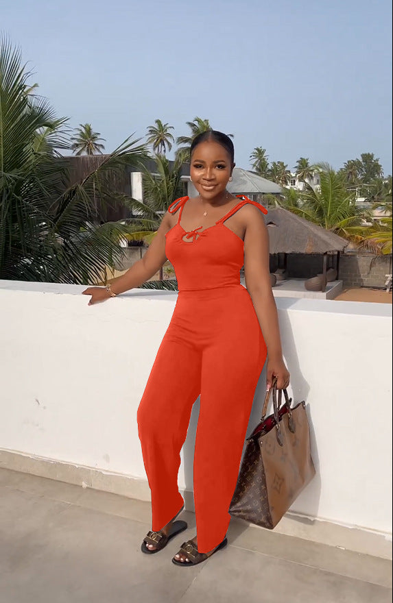 Spring Summer Women's Fashion Sexy Casual Women's Straps Lace-Up Solid Color Jumpsuit 7