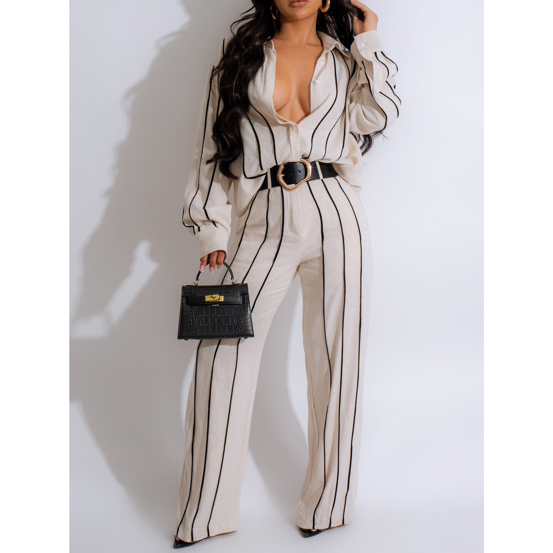 Women's Spring Autumn Stripes Patchwork Stripes Long Sleeve Linen Shirt Pants Two-Piece Set 3