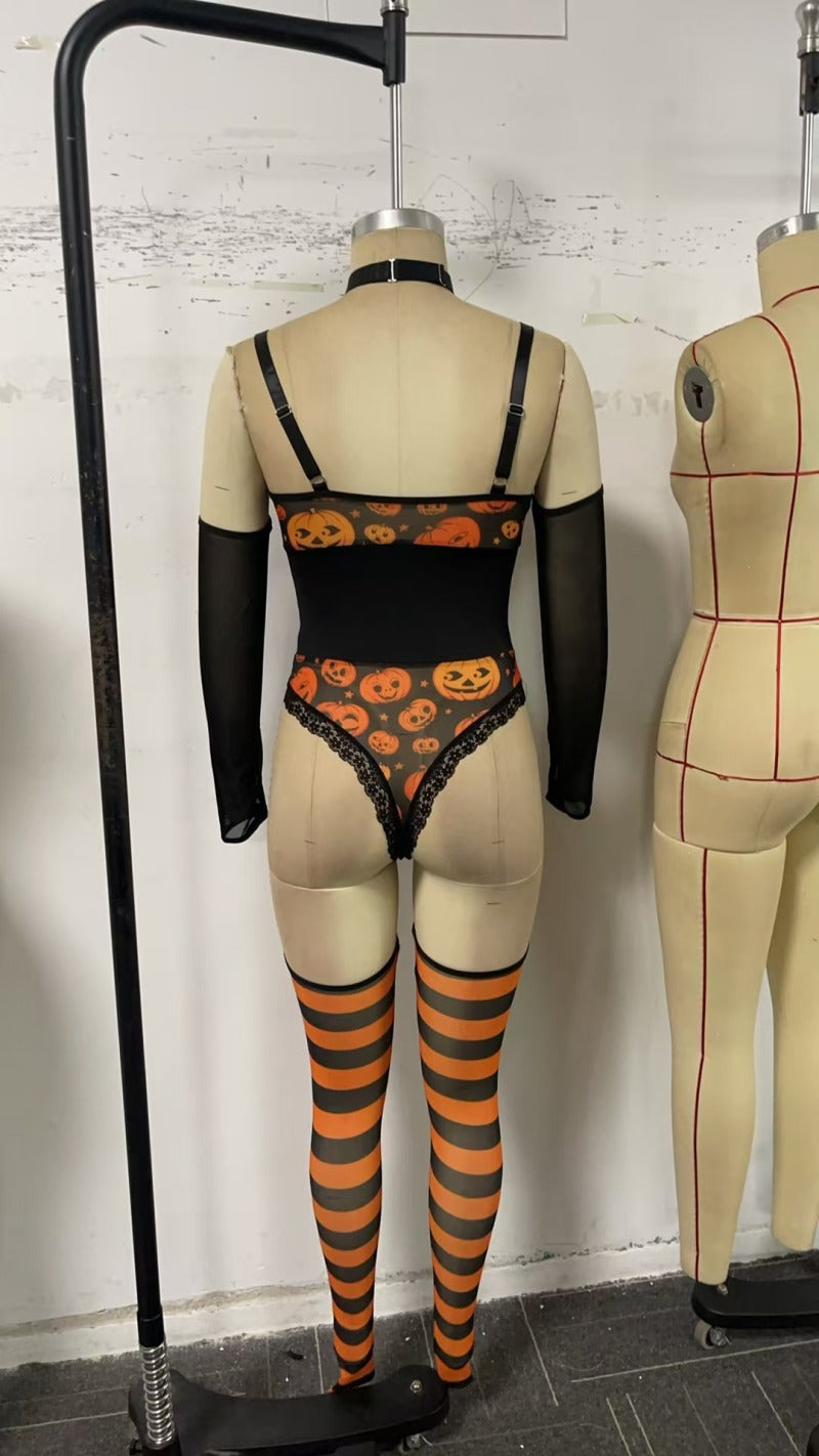 Women's Halloween Lingerie Temptation Sexy Lace Low Back Bodysuit Set 10