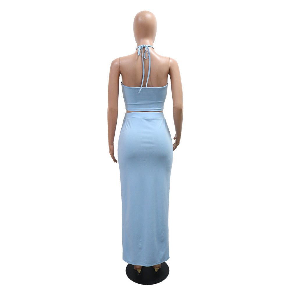 Women Summer Solid Lace-up Sleeveless Top Ruffle Skirt Two-piece Set