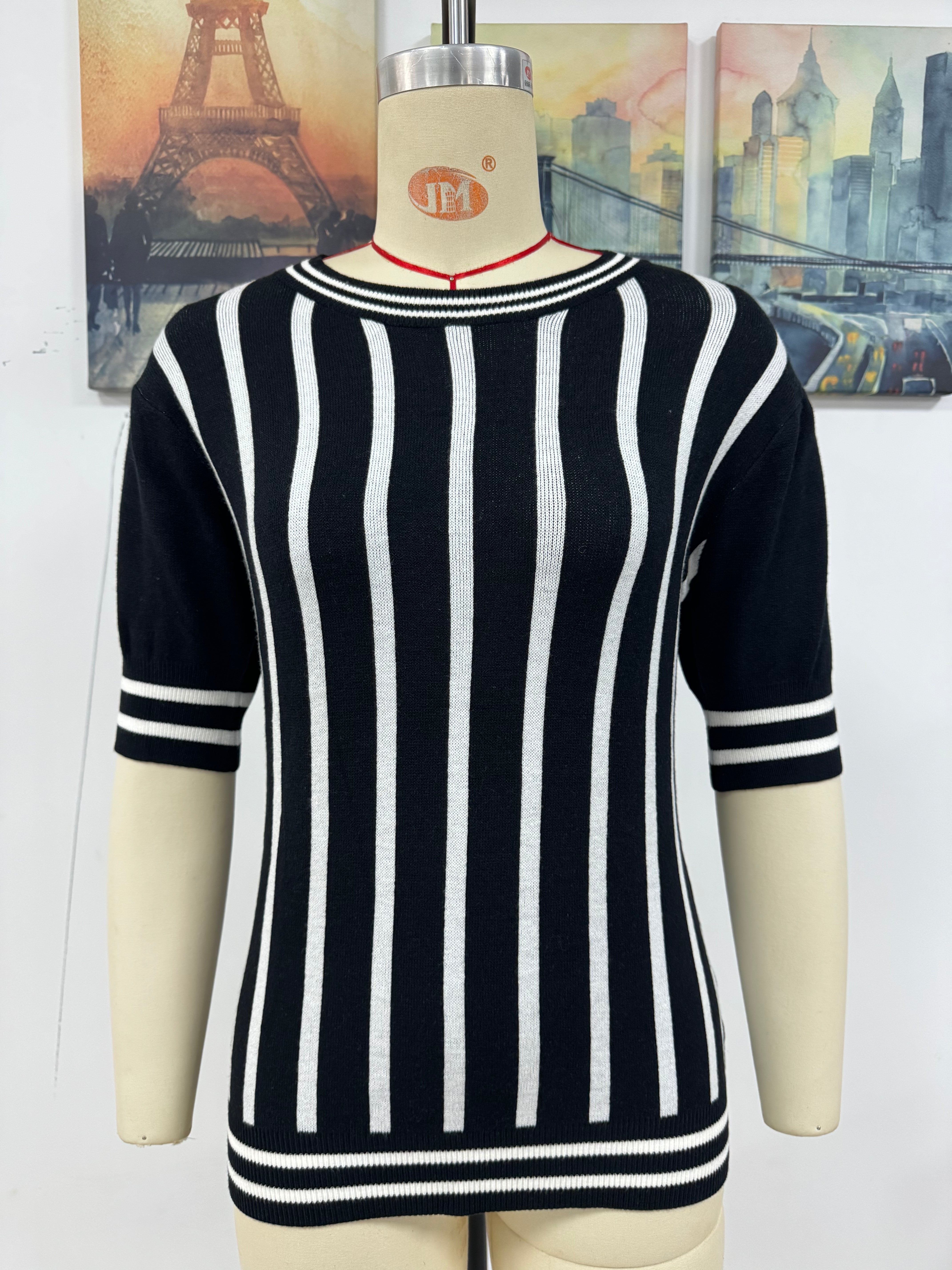 Women Striped Short Sleeve Casual knitting Top 13