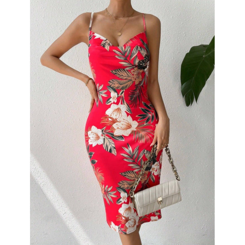 Sexy Women's Side Slit Print Strap Mid Dress 8