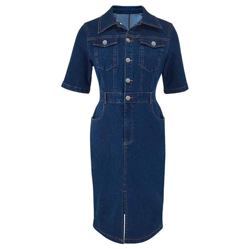 Women's Denim Short Sleeve Turndown Collar Bodycon Midi Dress 9