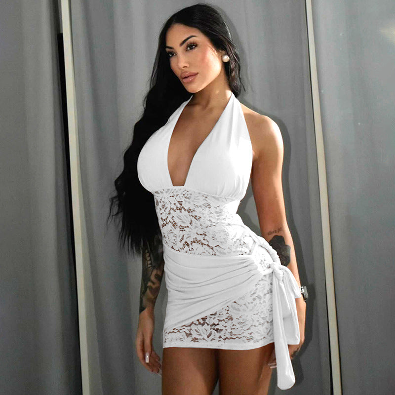 Women Sexy Halter Neck Lace Patchwork Gathered Tie Bodycon Dress 4