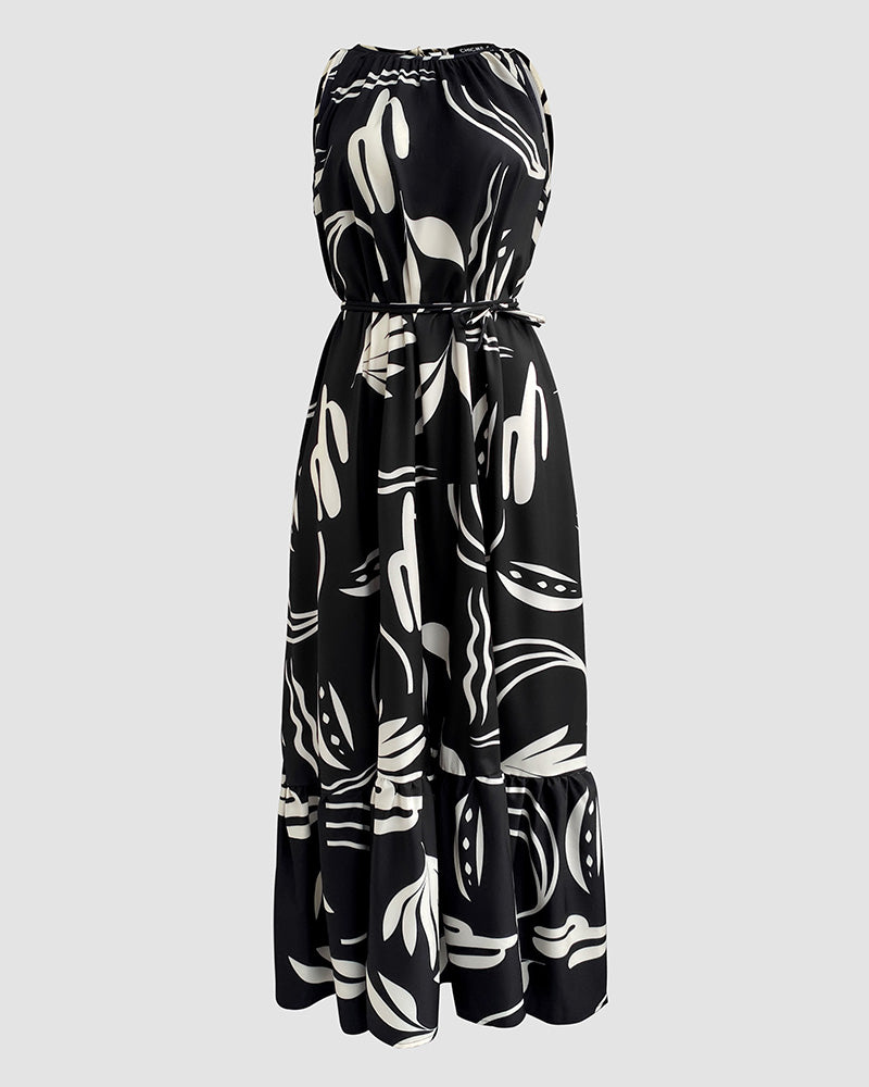 Women Sleeveless Leaf Black and White Print Maxi Dress--No Belt 7