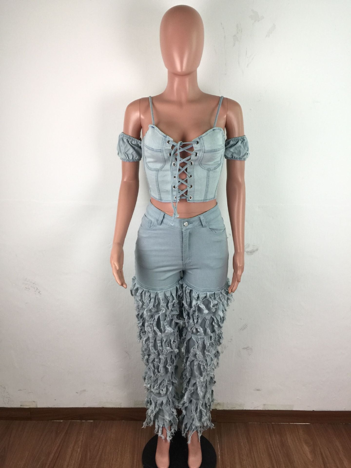 Women's Multi-Layer Frayed Washed Denim Pants 6