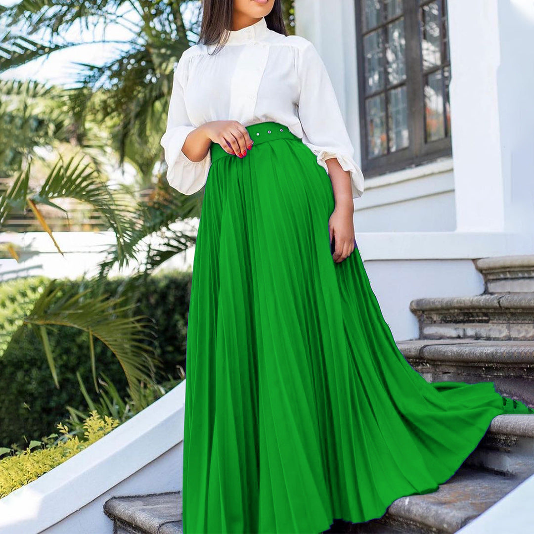 Women Elegant Pleated Style Skirt with Belt 6