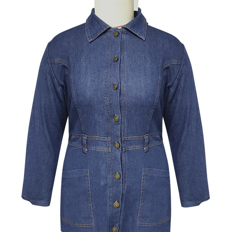 Plus Size Women Women Denim Turndown Collar Long Sleeve Dress 13