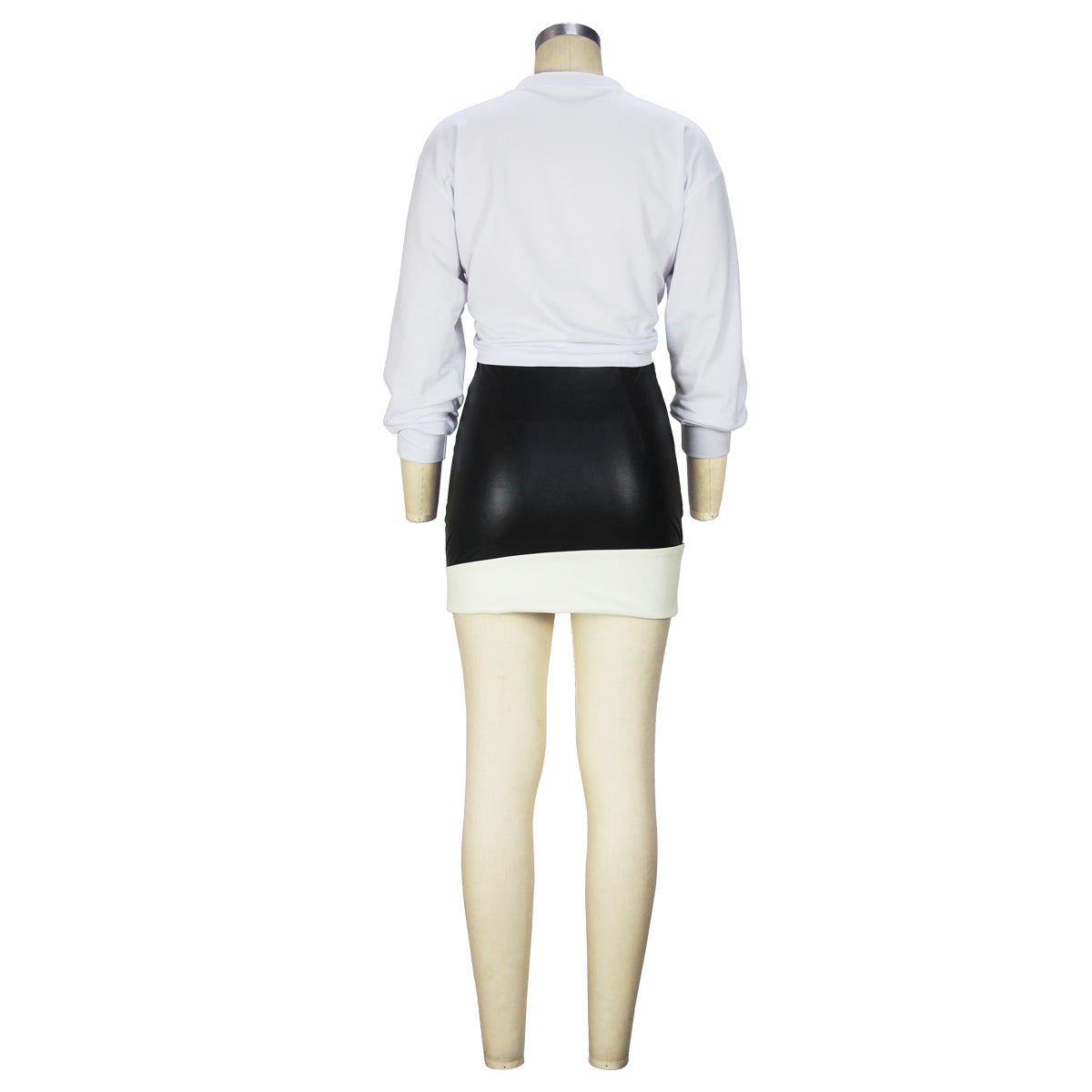 Women's Fashion Spring Autumn Patchwork Leather Skirt Two Piece Set 15