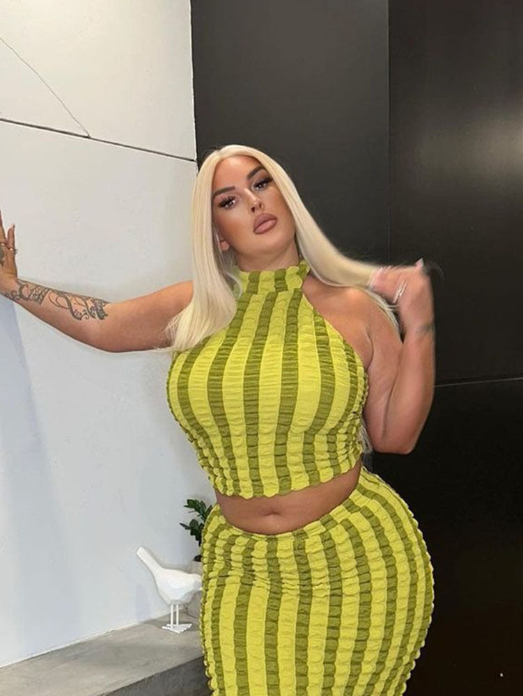 Women's Summer Halter Neck Low Back Crop Top and Skirt Two Piece Set 3