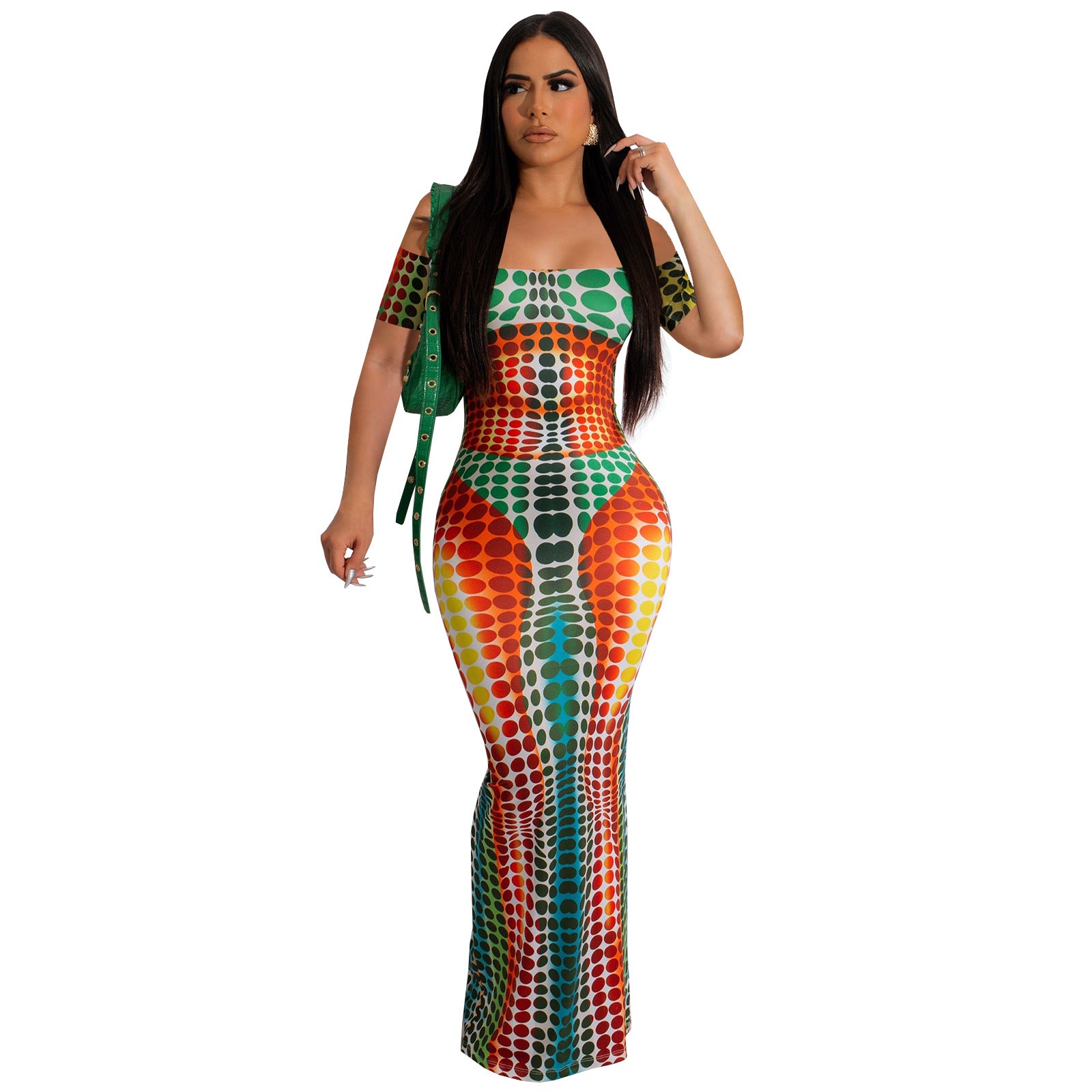 Women Print Off Shoulder Short Sleeve Maxi Dress 9