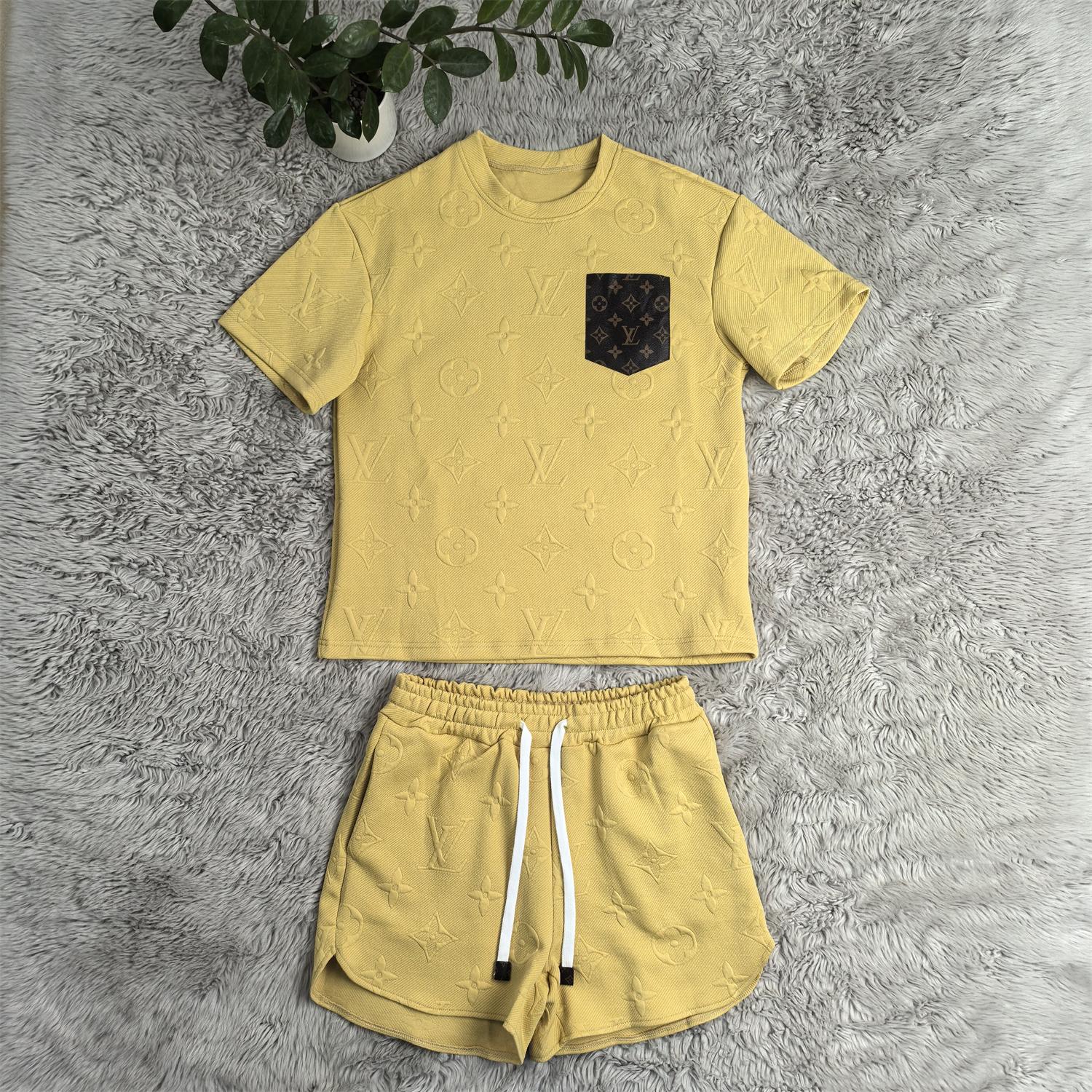 Women casual Pu-Leather pocket jacquard short-sleeved top and shorts sports two-piece set 11