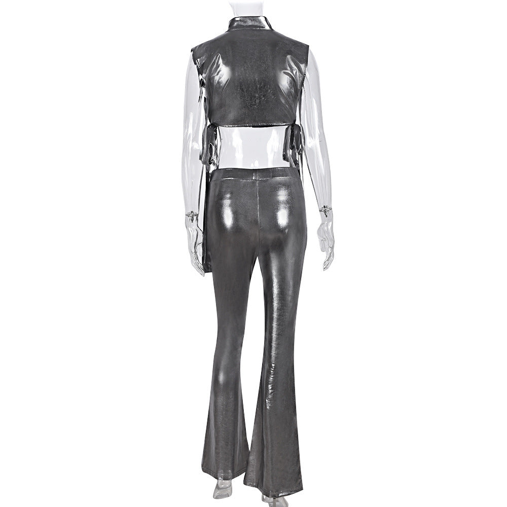 Sexy stretch leather side-exposed hollow vest high-waist bell-bottoms pants two piece set 11