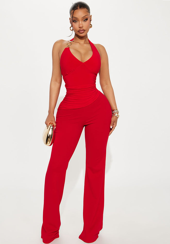 Women Solid Sexy Halter Neck Lace-Up Jumpsuit