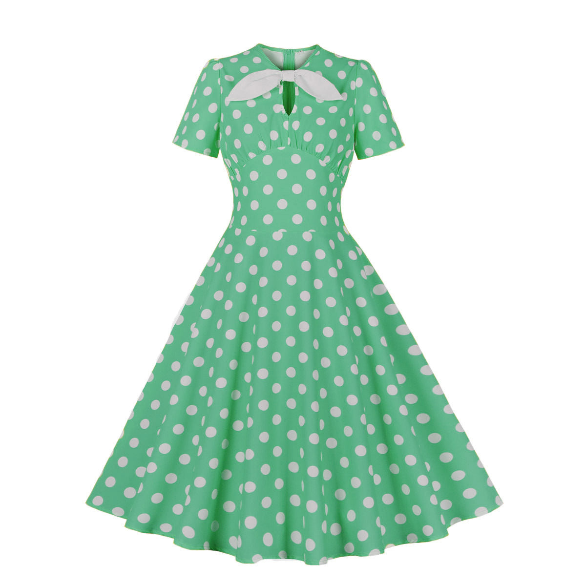 Women Round Neck Bow Tie Polka Dot Short Sleeve Dress 11