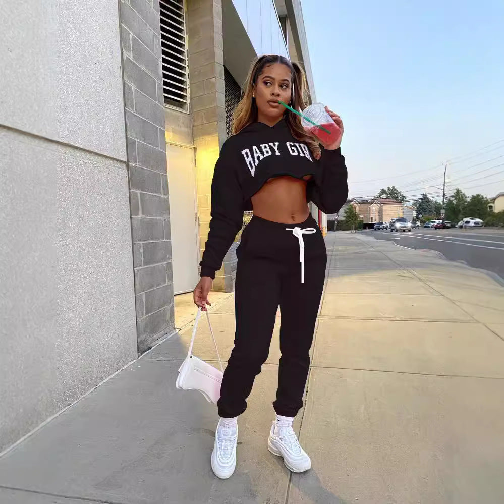 Women Solid Sports Letter Hoodies and Sweatpants Two Piece Set 4