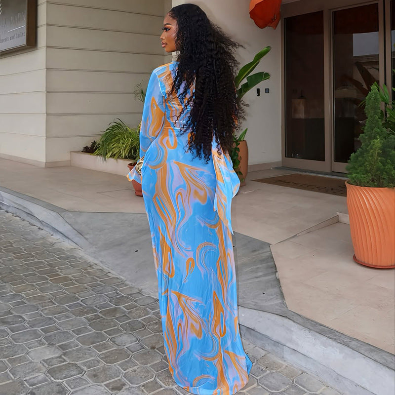 Round Neck Long-Sleeve Tie-Dye Print Dress 4