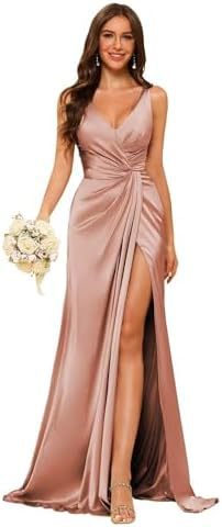 Women's Strap V-Neck Bridesmaid Dress Sleeveless Satin High Slit Prom Dress（Processing time need 3-6 days） 24