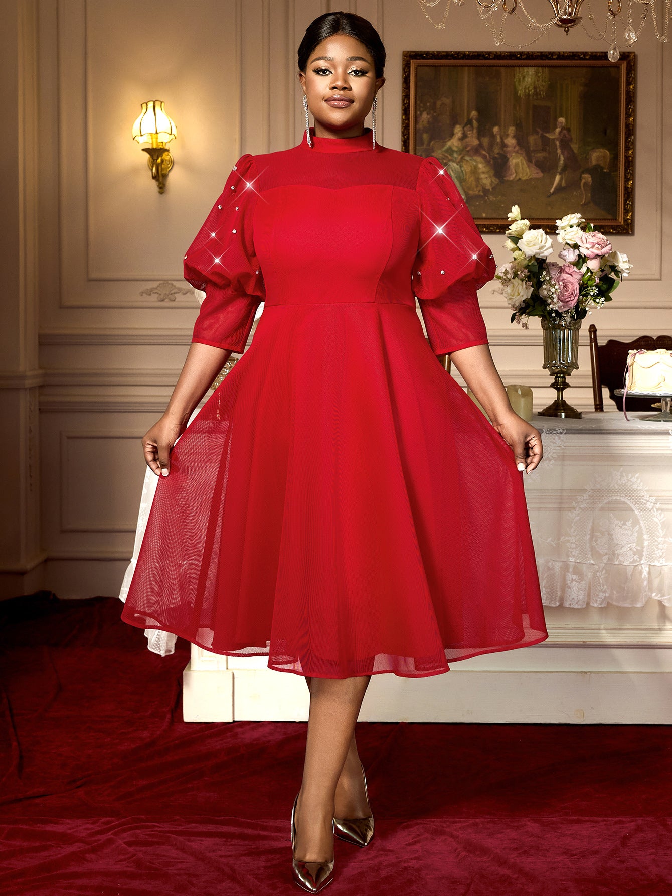 Plus Size Women Red Translucent Lantern Sleeve Half High Neck Elegant Dress