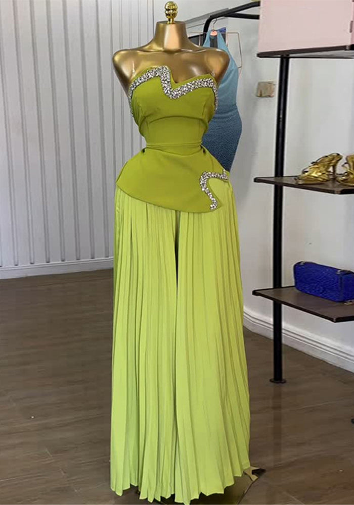 Women's Summer Strapless Crystal-Embellished Asymmetrical Top & Pleated Wide-Leg Pants Set