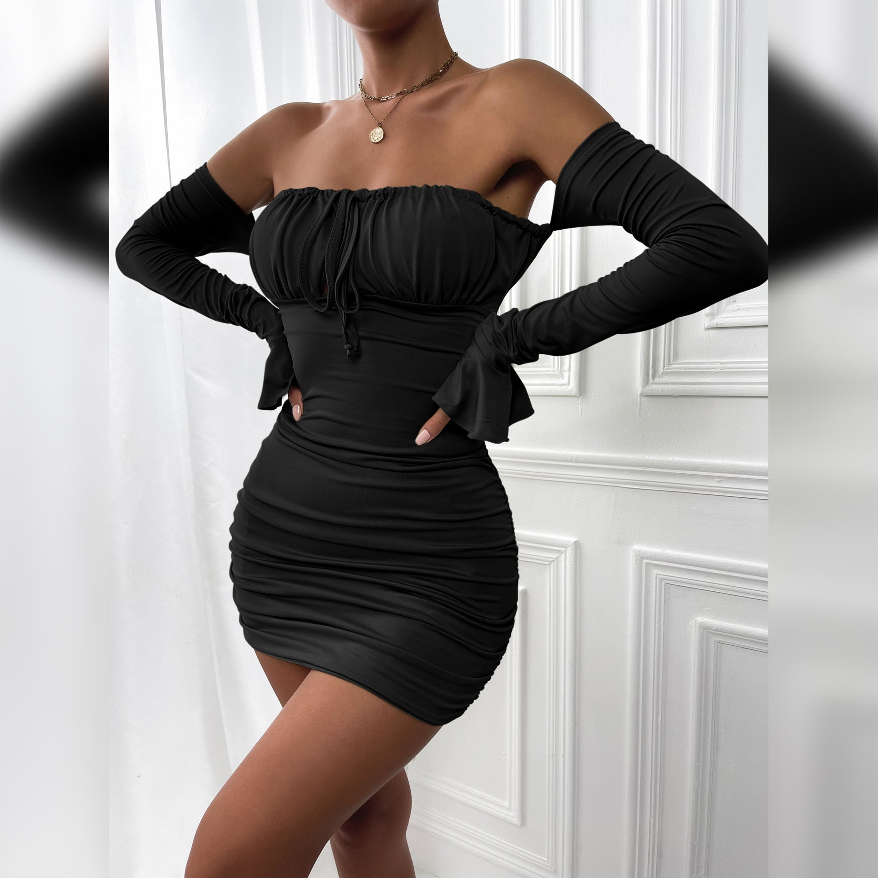 Women autumn/winter long-sleeved sexy off-shoulder bodycon dress with bell bottom sleeves 13