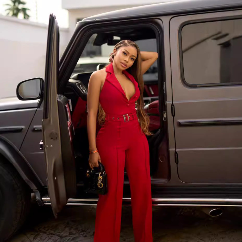 Women Halter Neck Backless V-neck button wide-leg jumpsuit 5