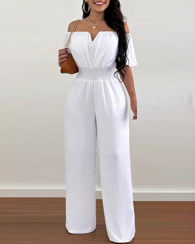 Women Off Shoulder V Neck Loose Straight Jumpsuit
