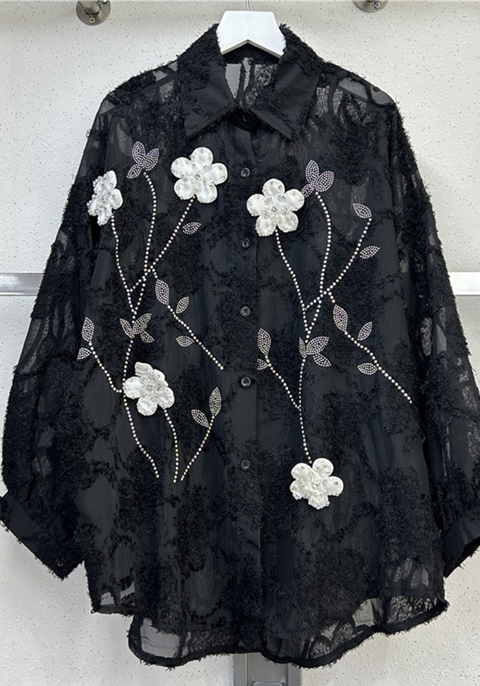 Women Turndown Collar long-sleeved flower diamond shirt