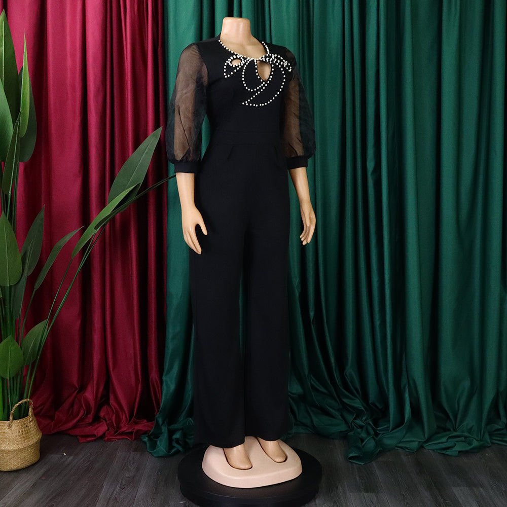 Women'S Summer Short Sleeve Puff Sleeve Beaded Sexy Wide Leg Slim Waist Plus Size Jumpsuit 21