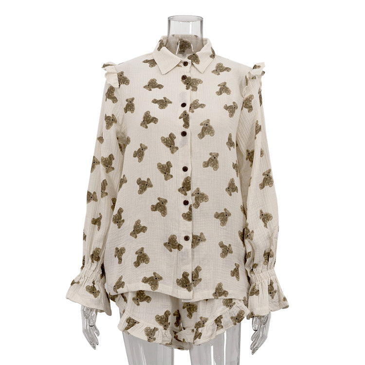 Women Printed Ruffled Bell Bottom Top and Shorts Two-Piece Set 5