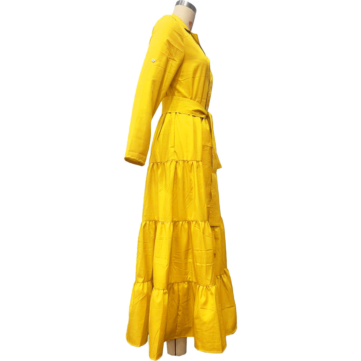 Spring Summer Women's Solid A-Line Shirt Dress With Belt 12