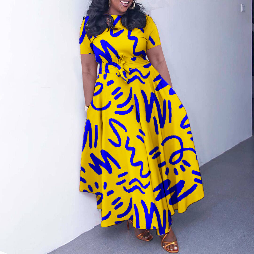 Women's Belt African Print Short-Sleeve A-line Dress 4