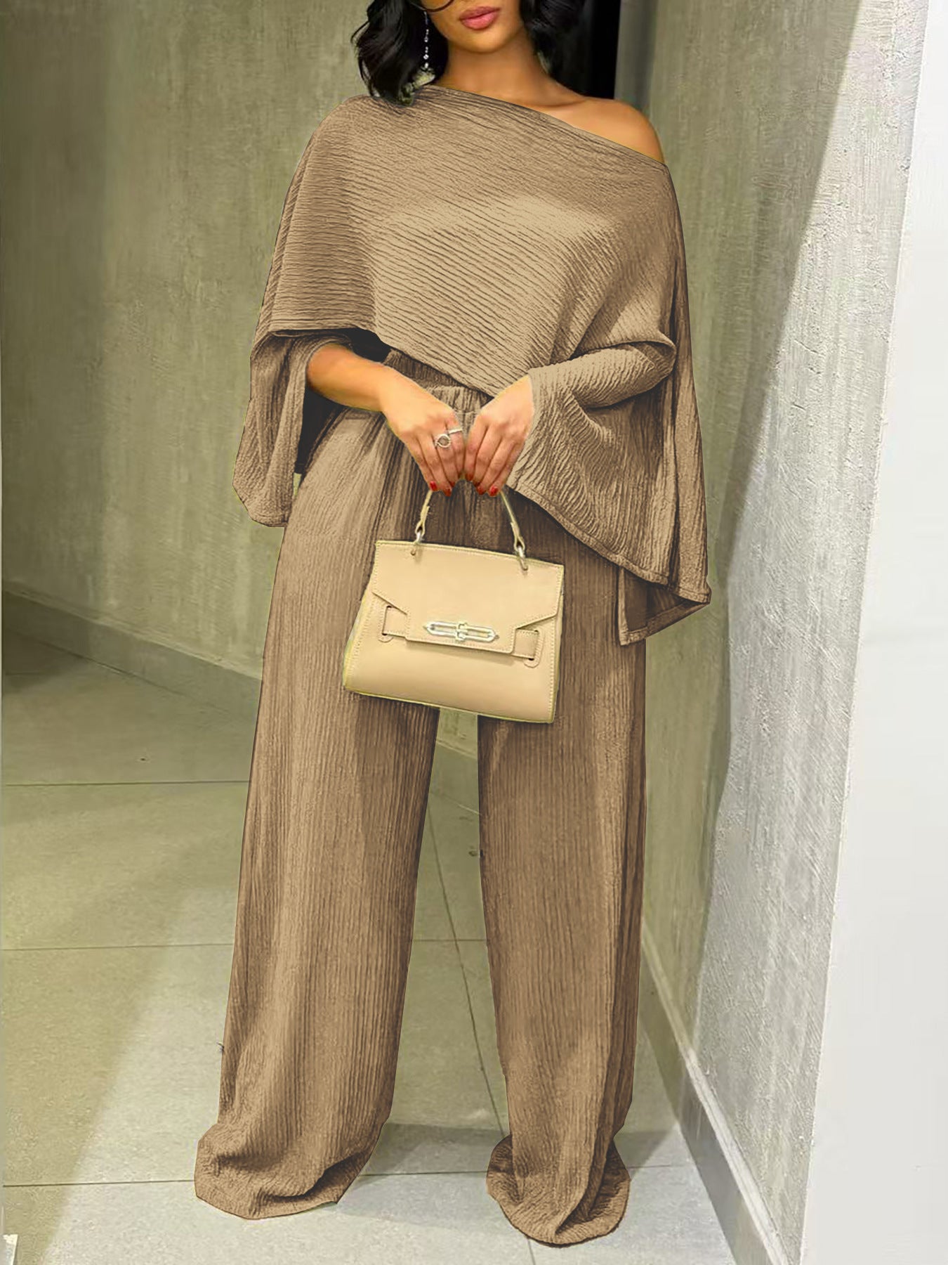 Women's Fashion Sexy Beach Holidays Solid Slash Shoulder Irregular Top with Elastic Waist Pockets Long Pants Set 4