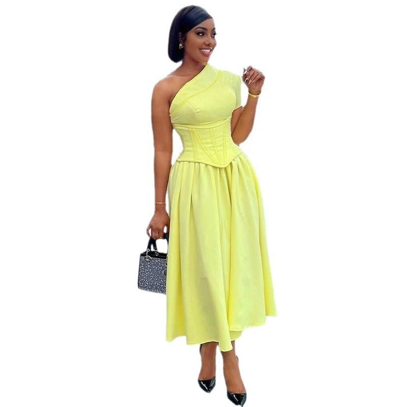 Women African Autumn and Winter Solid Slash Shoulder Short Sleeve Maxi Dress 8