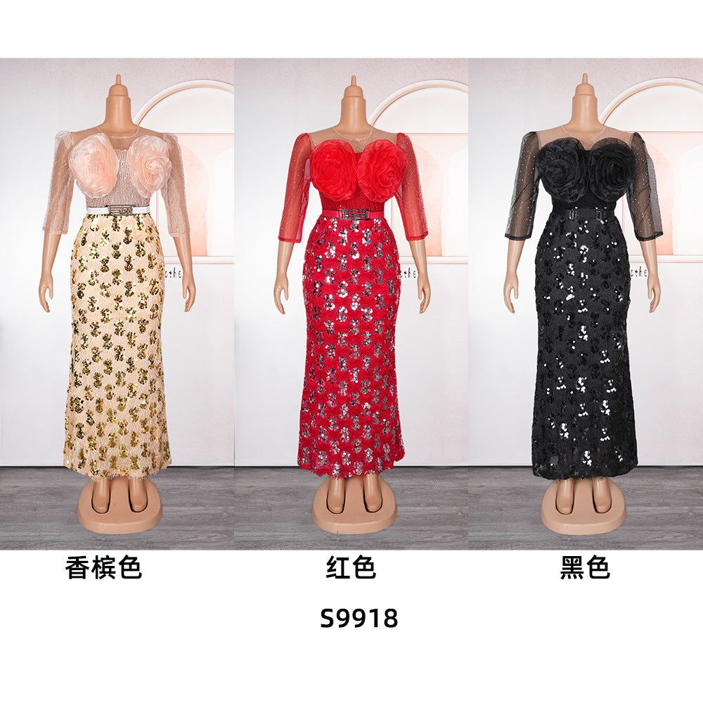 Plus Size Women African Formal Party Party Patchwork Sequin Flower Dress 13