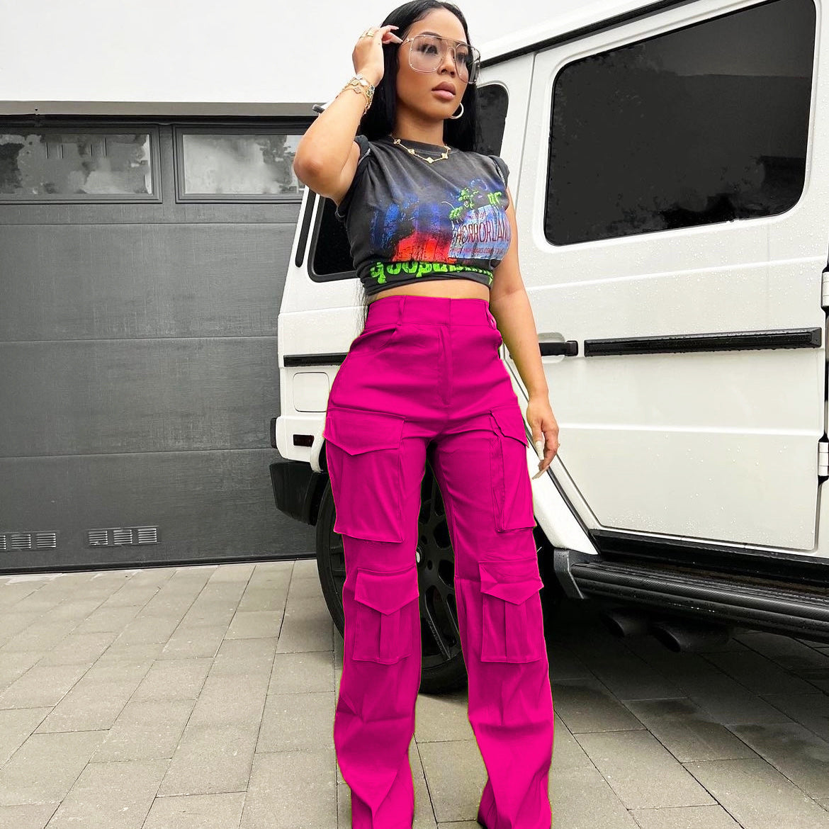 Women's Fashion Casual Solid Pocket Cargo Pants 3