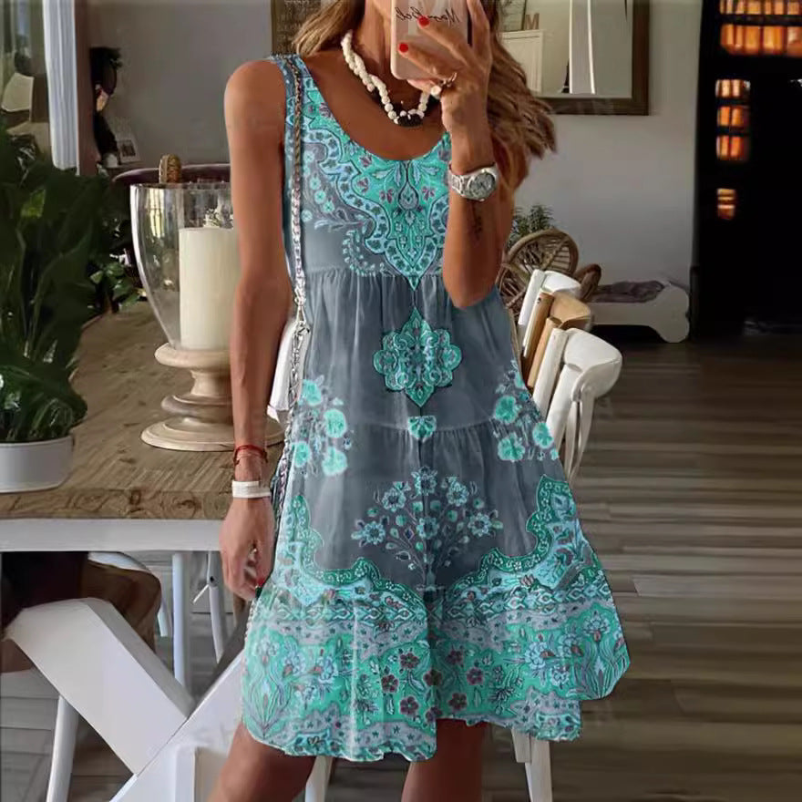 Women Summer Printed Sleeveless V-neck Holidays Print Dress 6