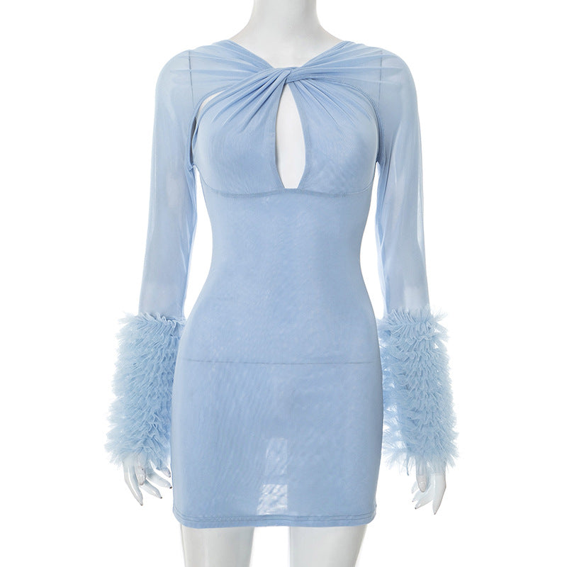 Women's Mesh Cross Hollow Out Long Sleeve Fuzzy Cuff Tight Fitting Bodycon Short Dress 7