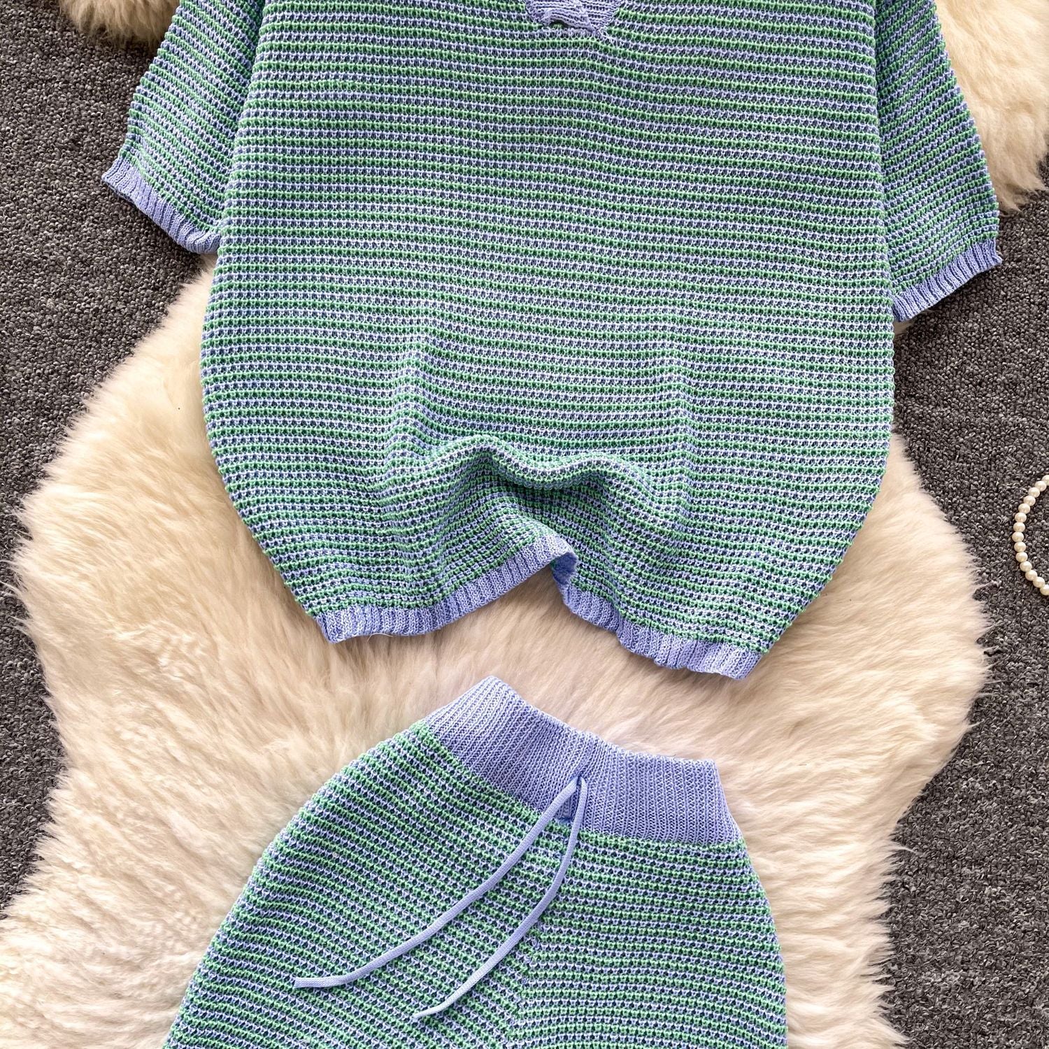 Women's Summer Turndown Collar Short Sleeve Hollow Knitting Top Tight Fitting Shorts Fashion Two Piece Set 11