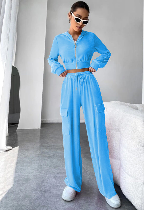 Women Velvet Hoodies and Pant Two-Piece Set 3