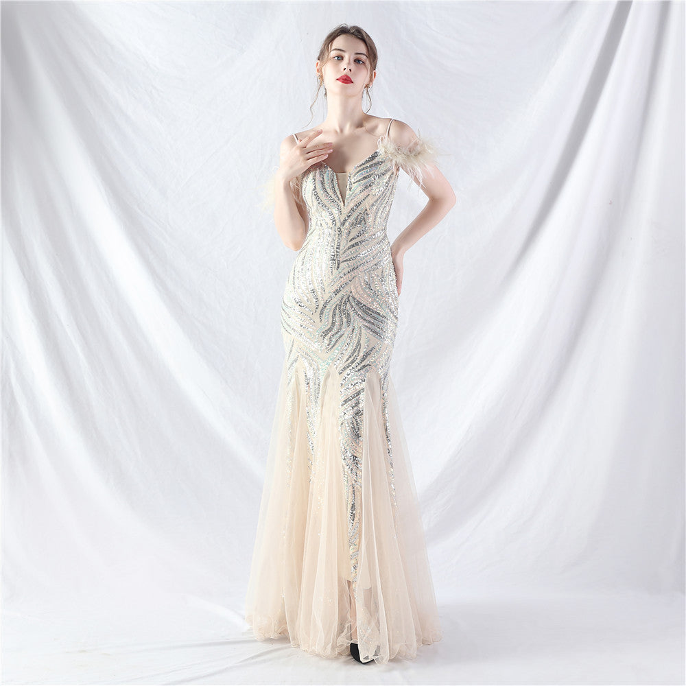 feather sequin Patchwork Mesh luxury evening dress 12