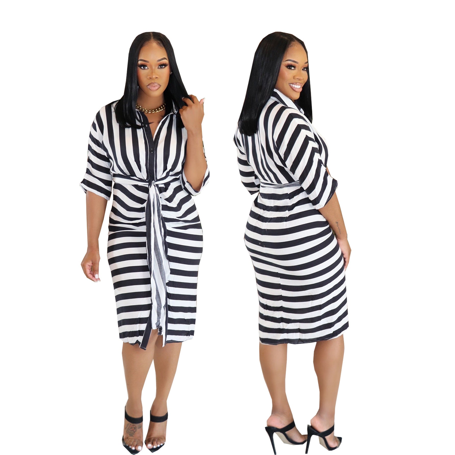Summer Black & White Striped Slim Waist Tie Casual Shirt Dress
