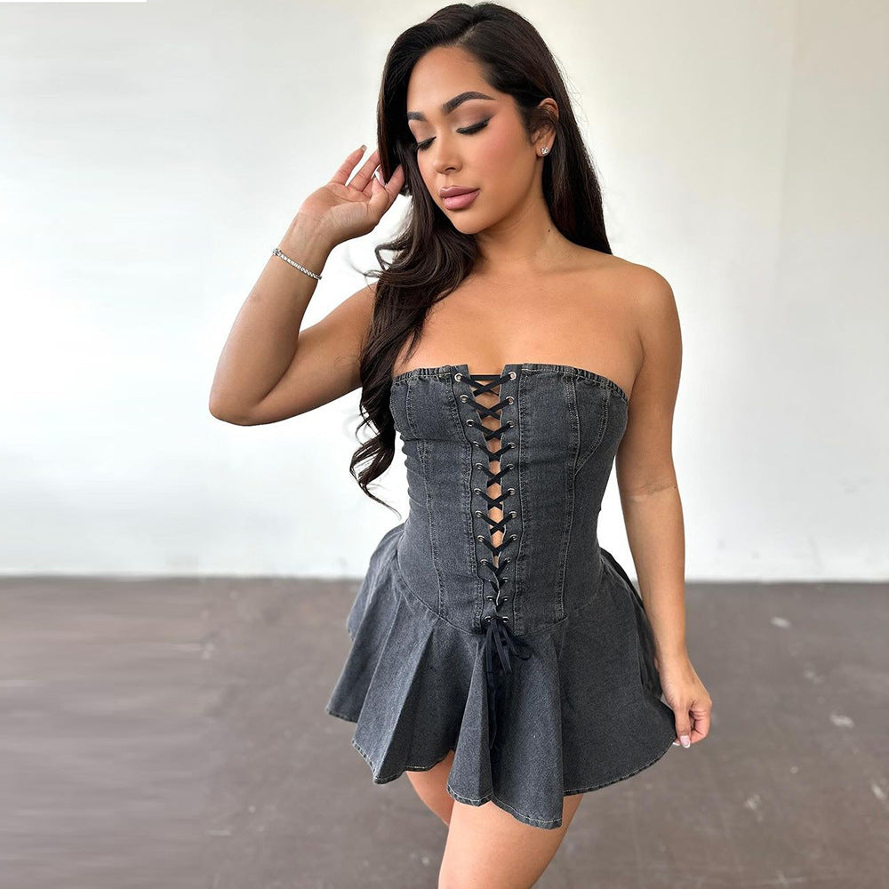 Women zippered chest-wrapped sexy Denim ruffle skirt 4